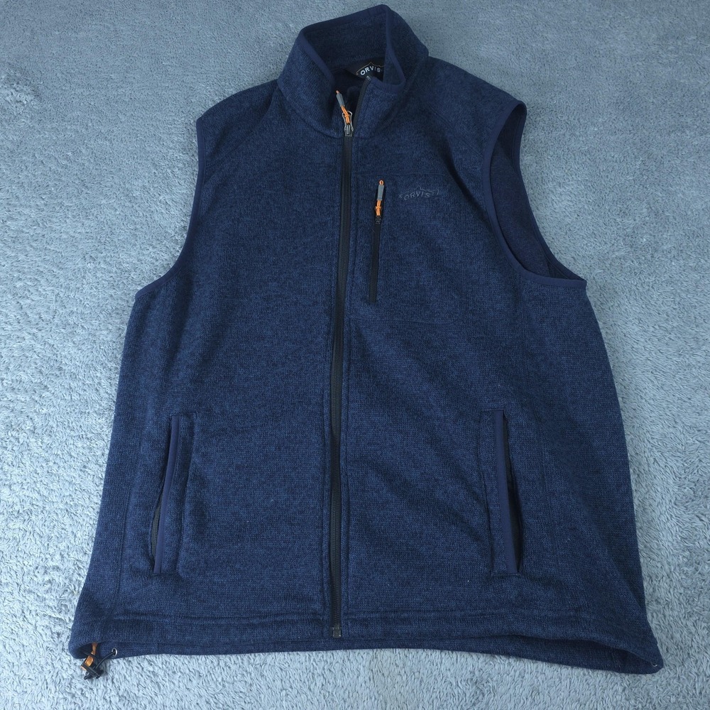 Orvis Vest Mens Large Blue Fleece Full Zip Zip Pockets Outdoor Hiking Layering